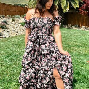 Elegant Romance Unveiled | Black Floral Print Maxi Dress with Tiered Ruffles